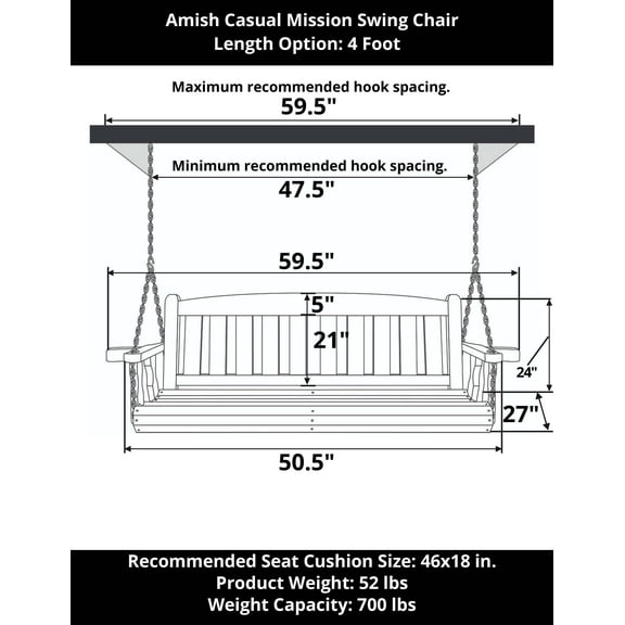 Amish Heavy Duty 800 Lb Mission Treated Porch Swing with Hanging Chains (4 Foot, Oak Stain)