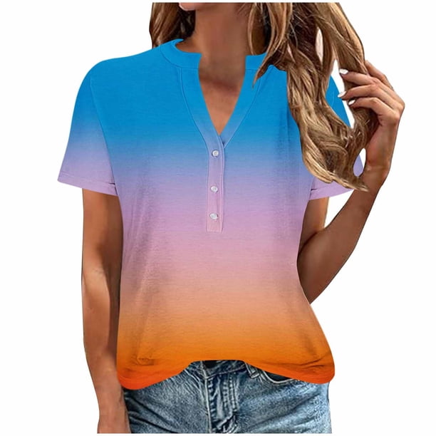 Camisetas de Verano para Mujeres Casual Camiseta con Cuello en V Botón Arriba Suelto, Camisetas de Mujer Casual para Primavera Verano