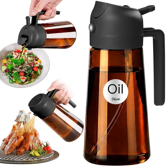 YARRAMATE 16oz/470ml Oil Sprayer for Cooking w/ Stickers, 2 in 1 Light Blocking Dark Amber Glass Olive Oil Dispenser Bottle for Air Fryer, BBQ (Black)