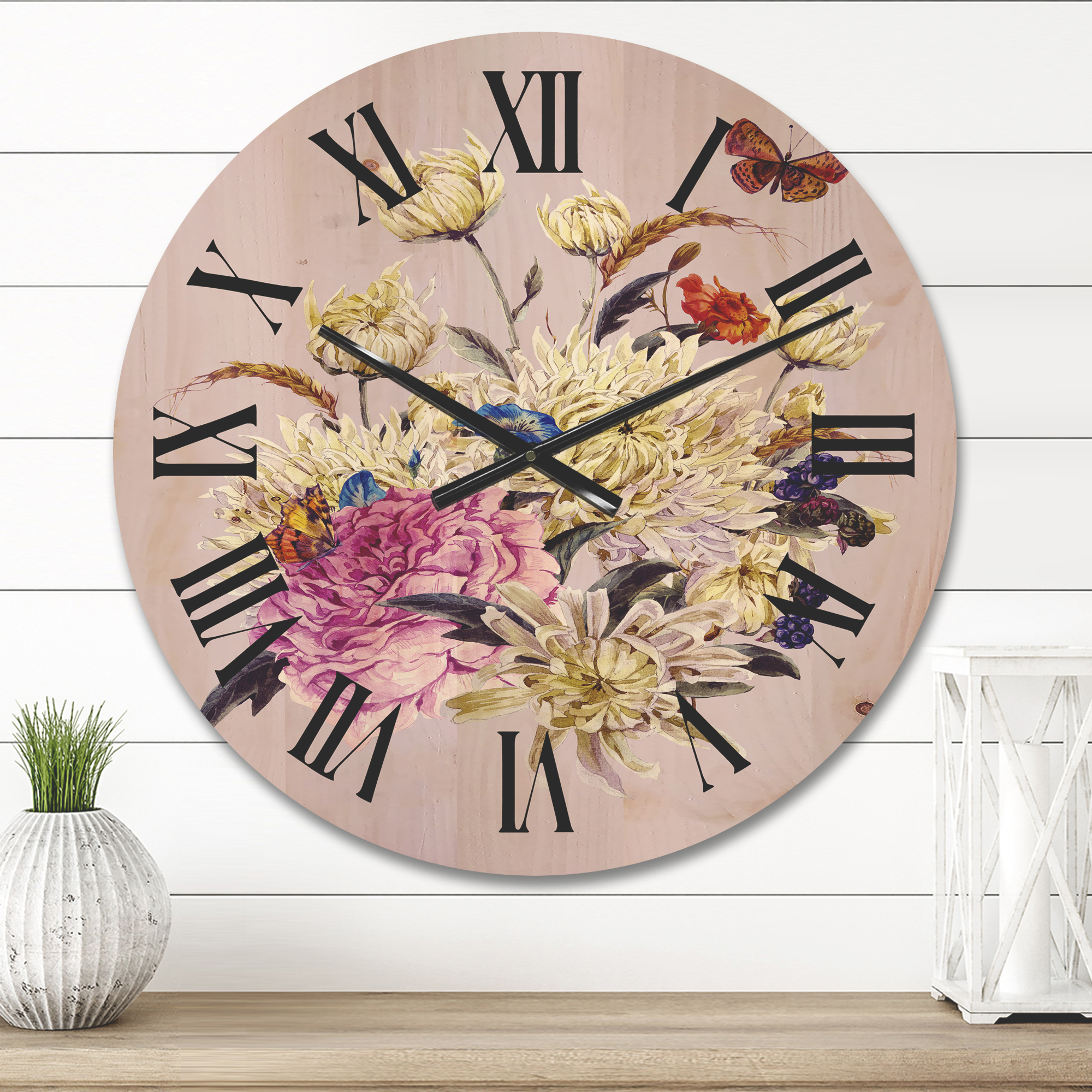 Designart 'Ancient Chrysanthemums With Bouquet I' Traditional Wood Wall Clock