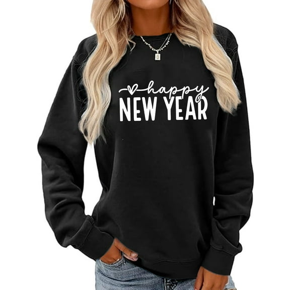 Women Crewneck Sweatshirt Happy New Year Graphic Shirt Casual Loose Long Sleeve Black Top