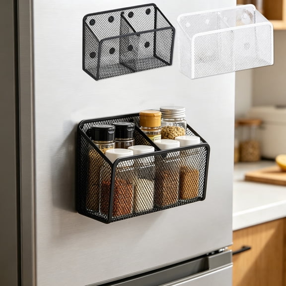 FEOLGEHLY Magnetic Mesh Storage Basket, Metal Wall Mount Pen Holders, Fridge Office Supply Magnet Storage Box, Stain Resistant Durable Iron, for Work Office Home (White)