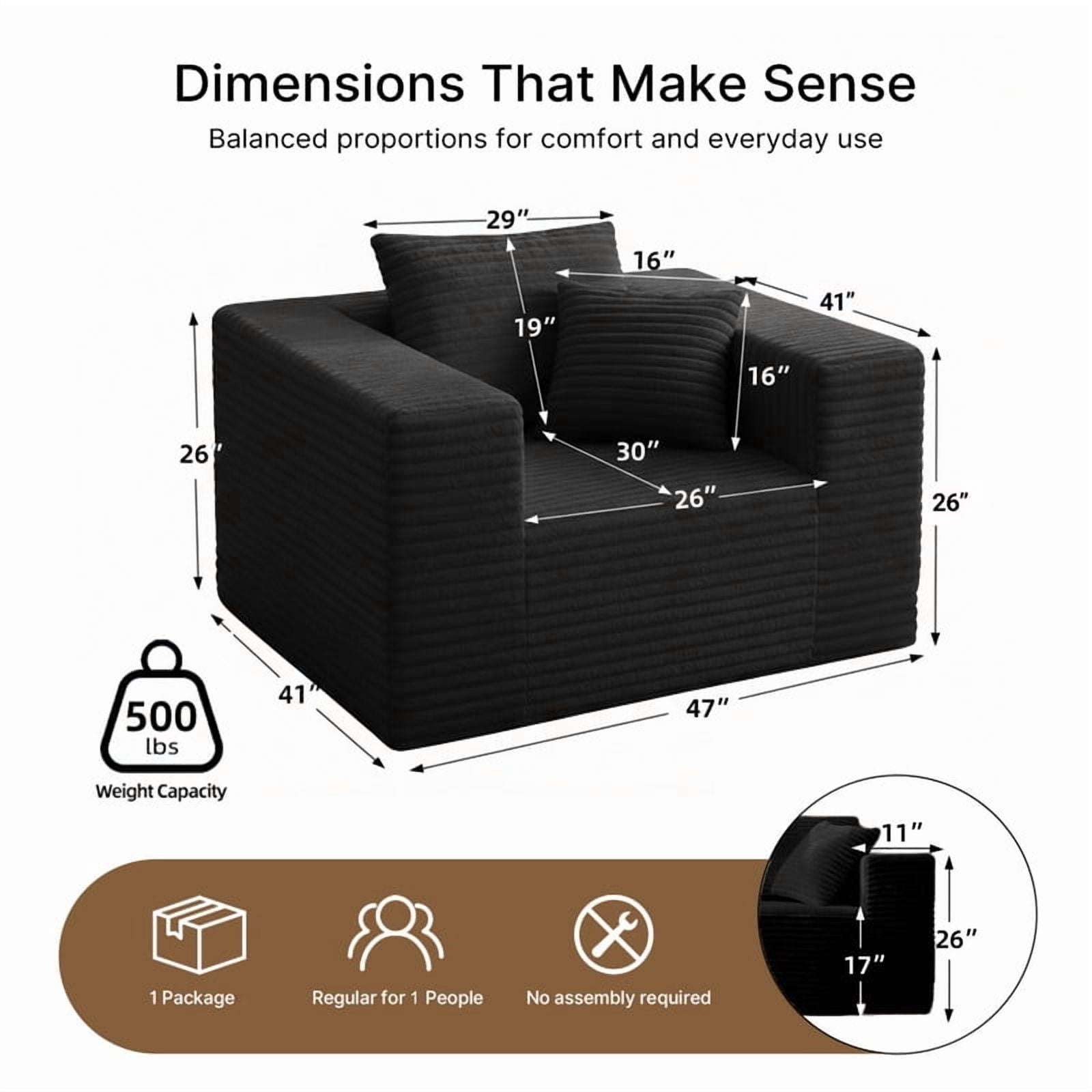 1Pcs Boneless Upholstered Sofa Chair, No Assembly Single Couch, Memory Foam Reading Armchair with Throw Pillow