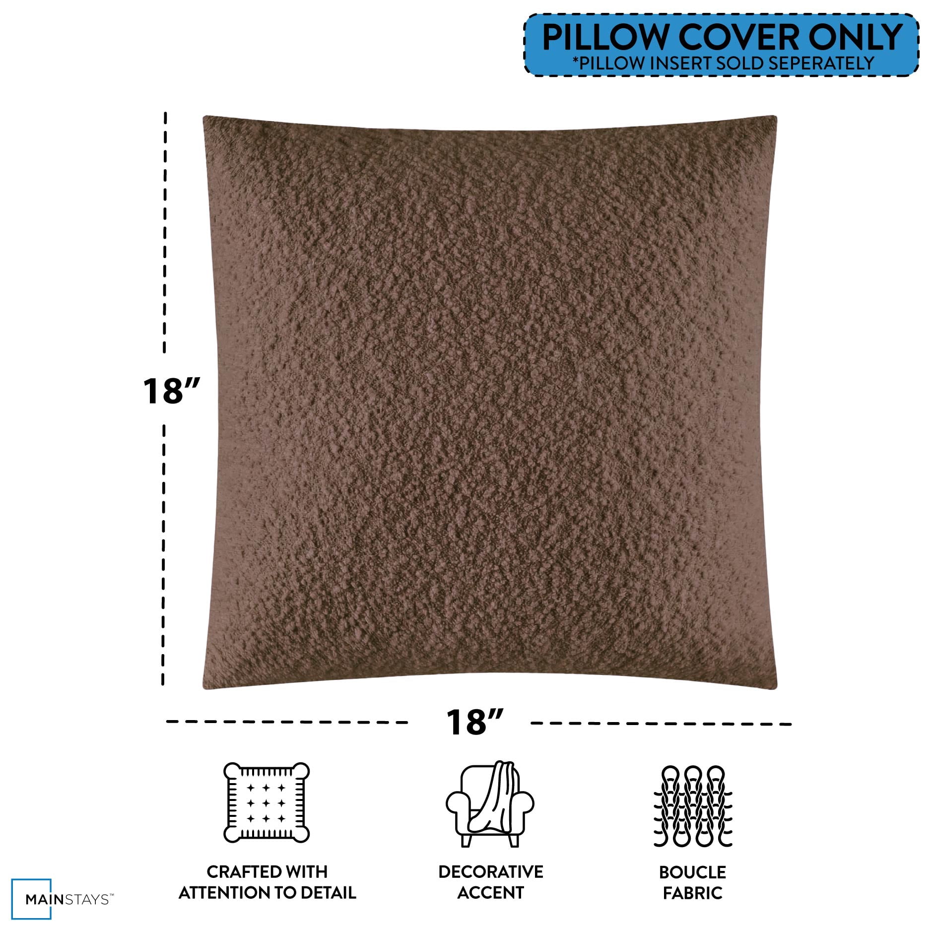 Mainstays 18"x18" Boucle Decorative Throw Pillow Cover- 2Pk- Warm Browny