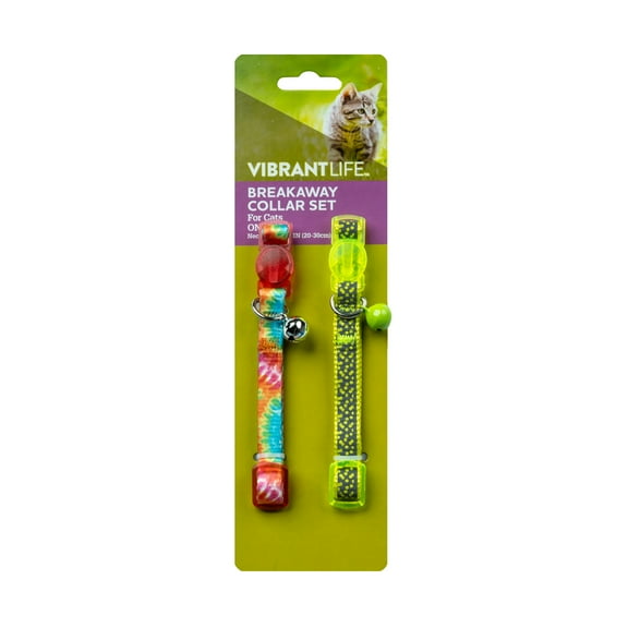 Vibrant Life 2-Pack Cat Collar, Multi Tie Dye and Yellow Reflective, One Size