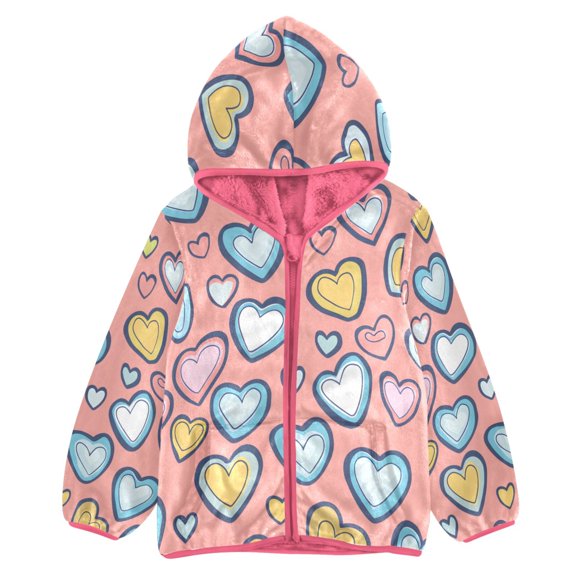 BZSMCE Double-Sided Sherpa Fleece Hooded Zipper Jacket Pink Heart Pattern Print Warm Outerwear