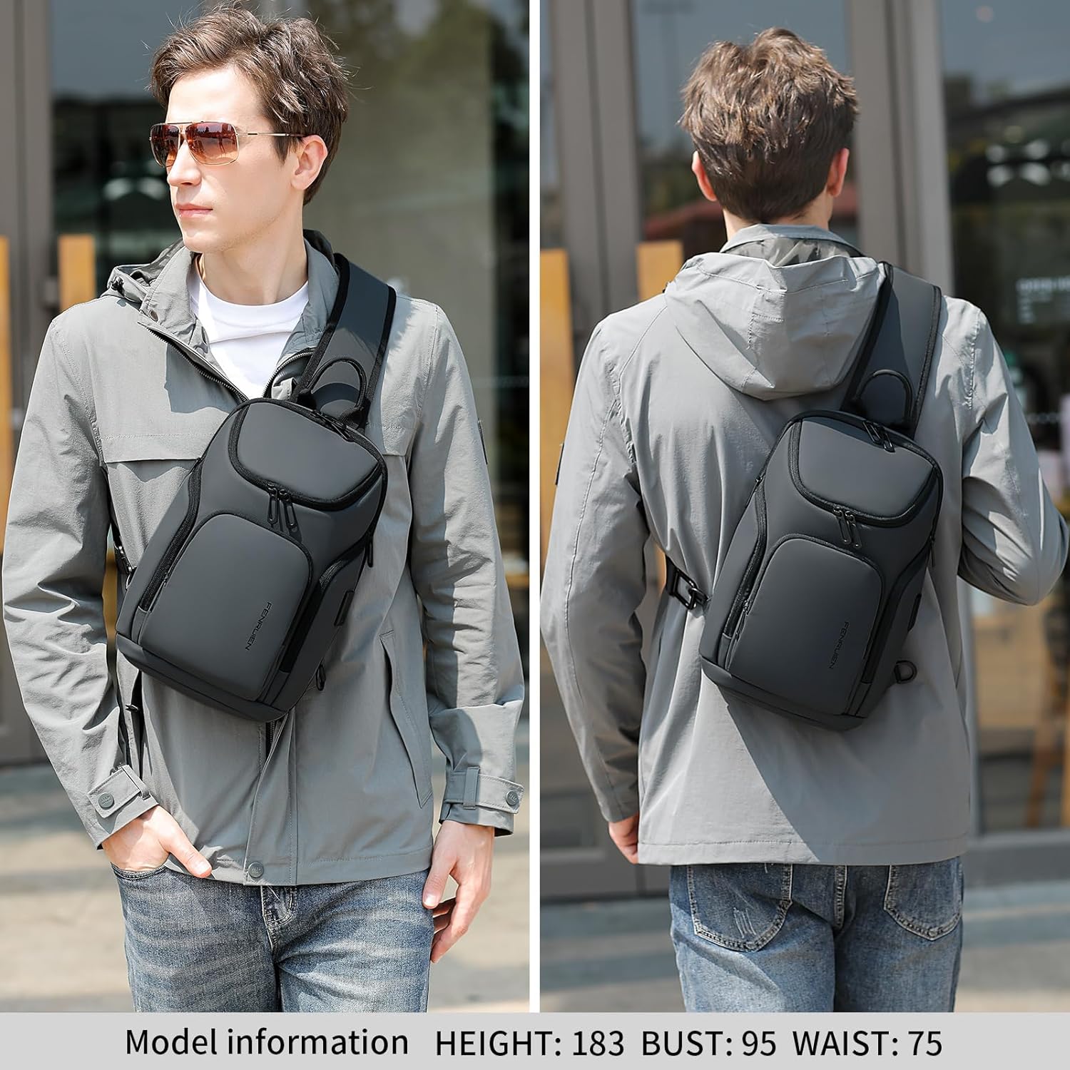 FENRUIEN Sling Bag Crossbody Backpack with USB Charging Port,Grey