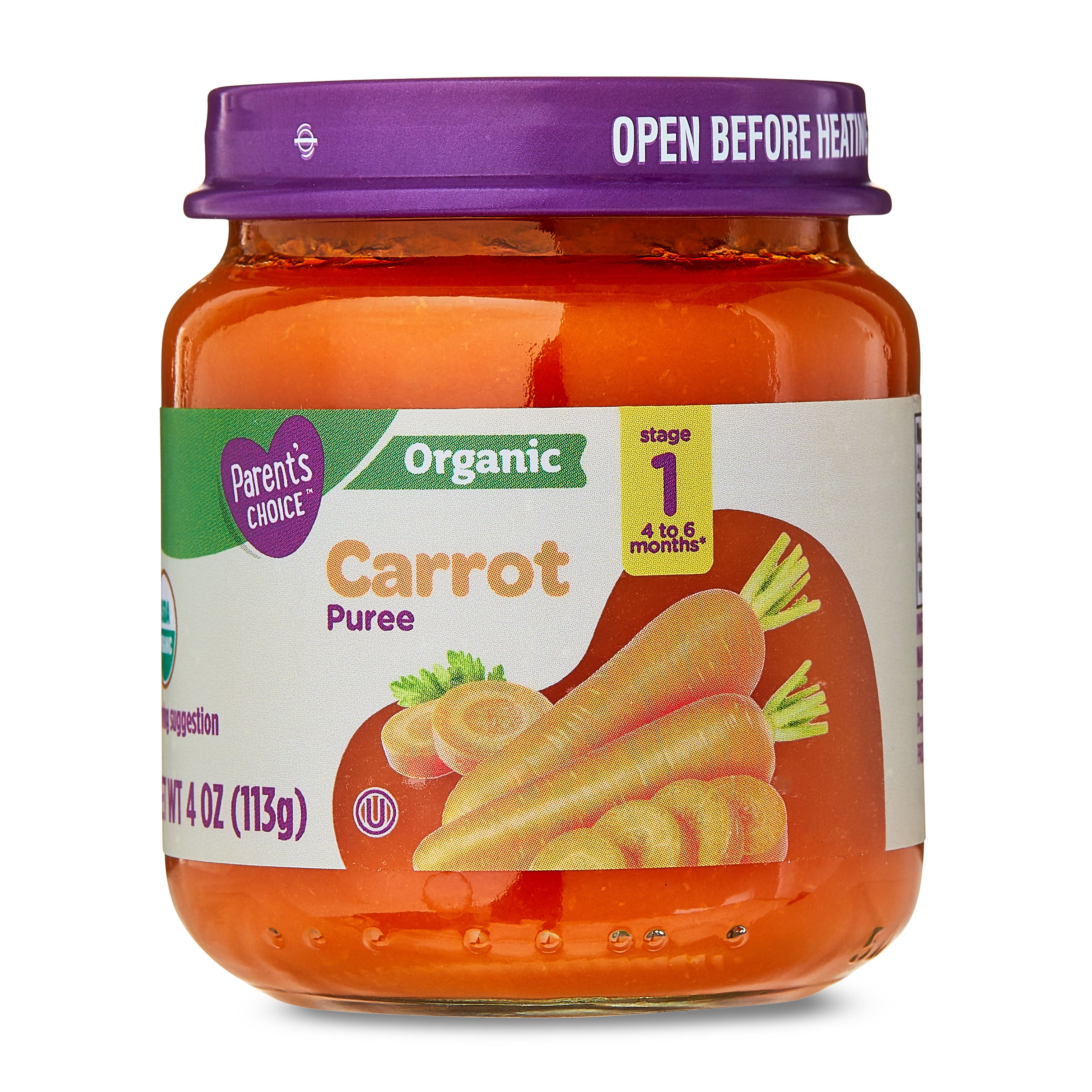 (12 pack) Parent's Choice Organic Stage 1 Baby Food Carrot Puree, 4 oz Jar