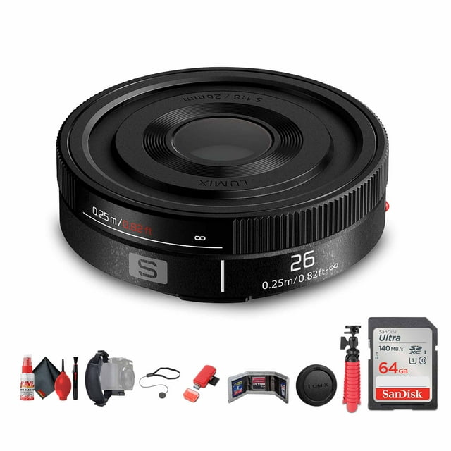 Panasonic Lumix S 26mm f/8 Full Frame Lens (L-Mount) (S-R26) + Sling Backpack + Photography Software + 64GB Memory Card + Flexible Tripod + Cleaning Kit + Hand Strap + Card Wallet + More