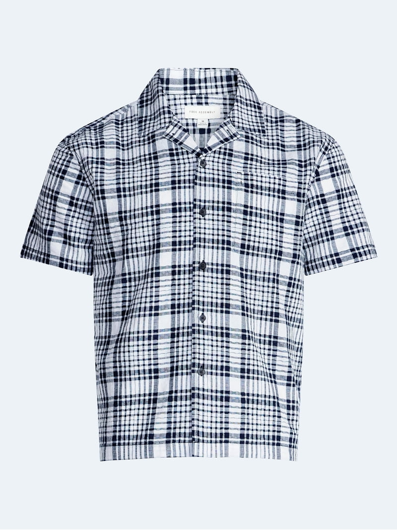 Free Assembly Men's Plaid Cotton Dobby Camp Shirt with Short