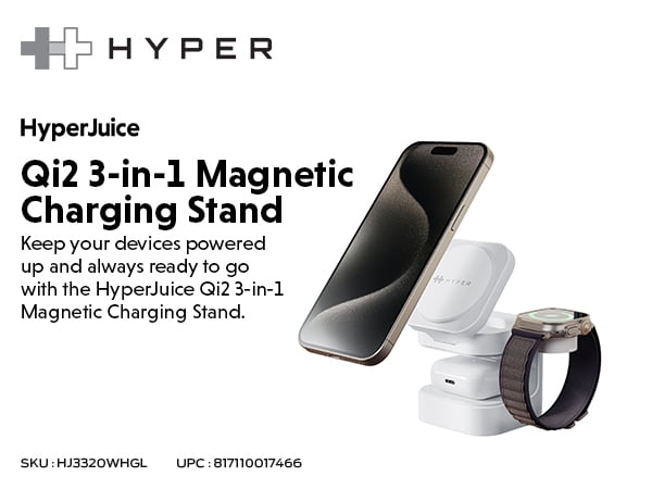 Hyper Qi2 3-in-1 Charging Stand, White