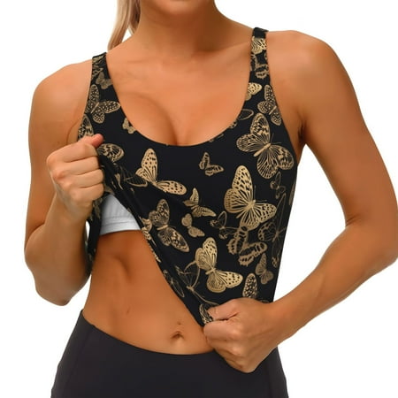 Qokaie Modern Golden Butterfly Pattern Womens Scoop Neck Sports Bra Breathable Workout Vest Padded U Back Medium Impact Fitness Gym Yoga Bra Workout Crop Top