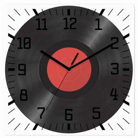 Retro Record Wooden Wall Clock Silent Non Ticking, Abstract Vintage Minimalist Art Square Wall Clocks Battery Operated, Decor Clock for Home Office, Living Room, Kitchen, 10 Inch