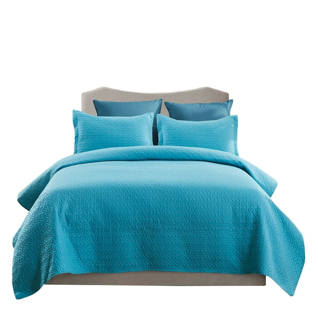 JML Quilt Set 3 Piece Microfiber Coverlet Shams Set, Soft Lightweight, Blue, Queen