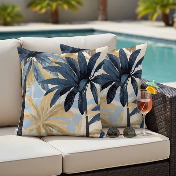 Navy Blue Palm Trees Outdoor Pillow Covers 18x18 Inch Throw Pillow Covers Set of 2 Waterproof Decorative Pillow Cases Vintage Summer Botanical Watercolor Cushion Covers for Patio Furniture Garden