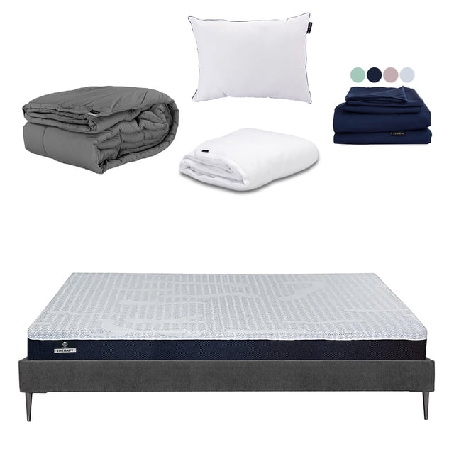 Colchón en caja King Size Therapy + Base Cama Slim + Almohada One + Protector Cloud + Sábanas Softy + Edredón Homy