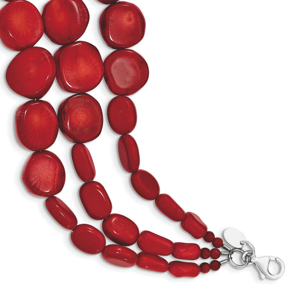 Sterling Silver Red Coral With 1inch Ext Triple Strand Bracelet 7 Inch by