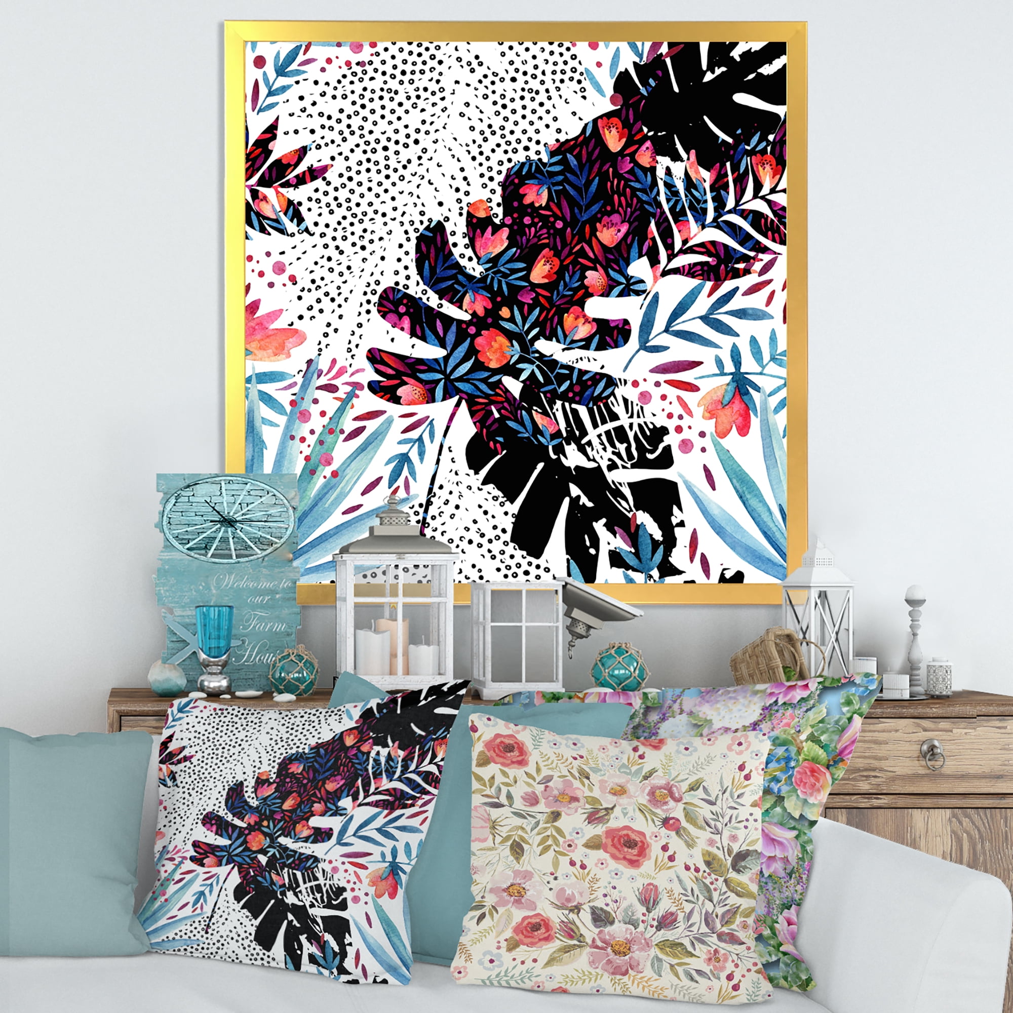 Designart 'Abstract Tropical Floral Patchwork I' Tropical Framed Art Print
