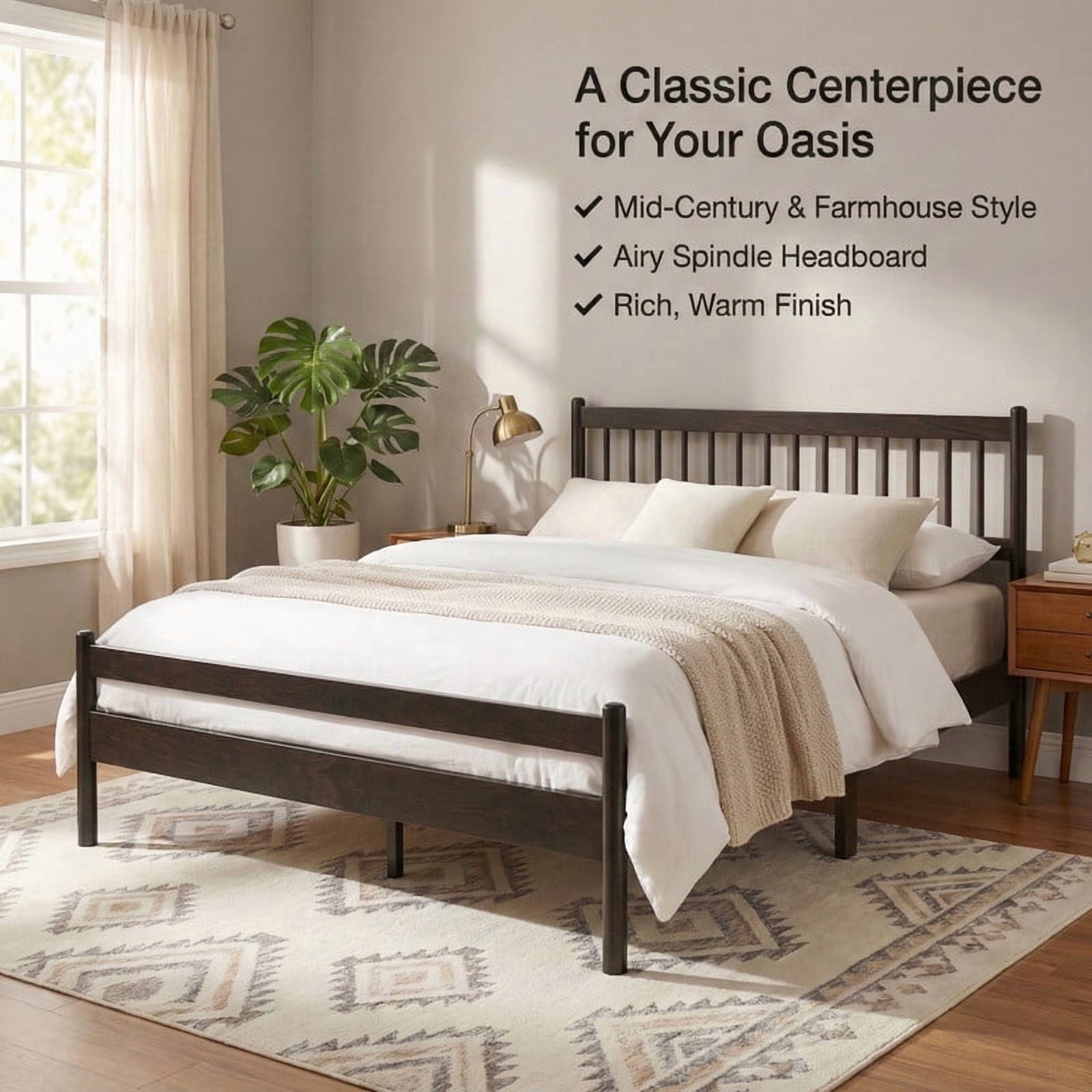 Queen Size Traditional Style Low Profile Platform Bed with Headboard and Footboard, Wood Bed Frame with Rounded Bedpost