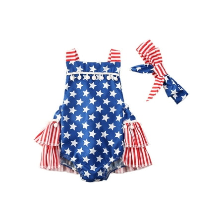 

Woshilaocai 4th of July Infant Baby Girl Romper American Flag Tassel Bodysuit Jumpsuit One Piece Independence Day Clothes