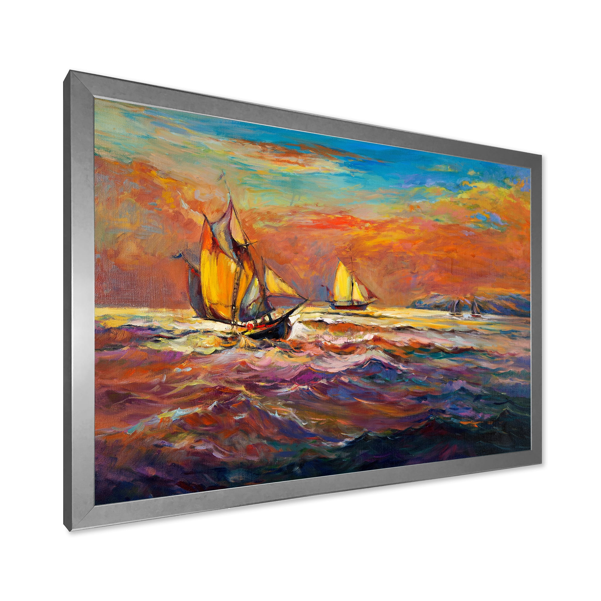 Sail ships On The Ocean Waves During Orange Evening Glow 32 in x 16 in Framed Painting Canvas Art Print, by Designart