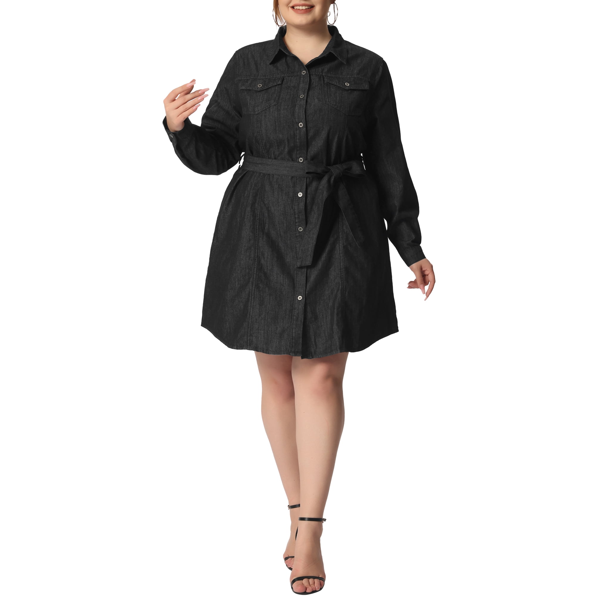 Unique Bargains Women s Plus Size Long Sleeves Button Denim Shirt Dress Black 3X