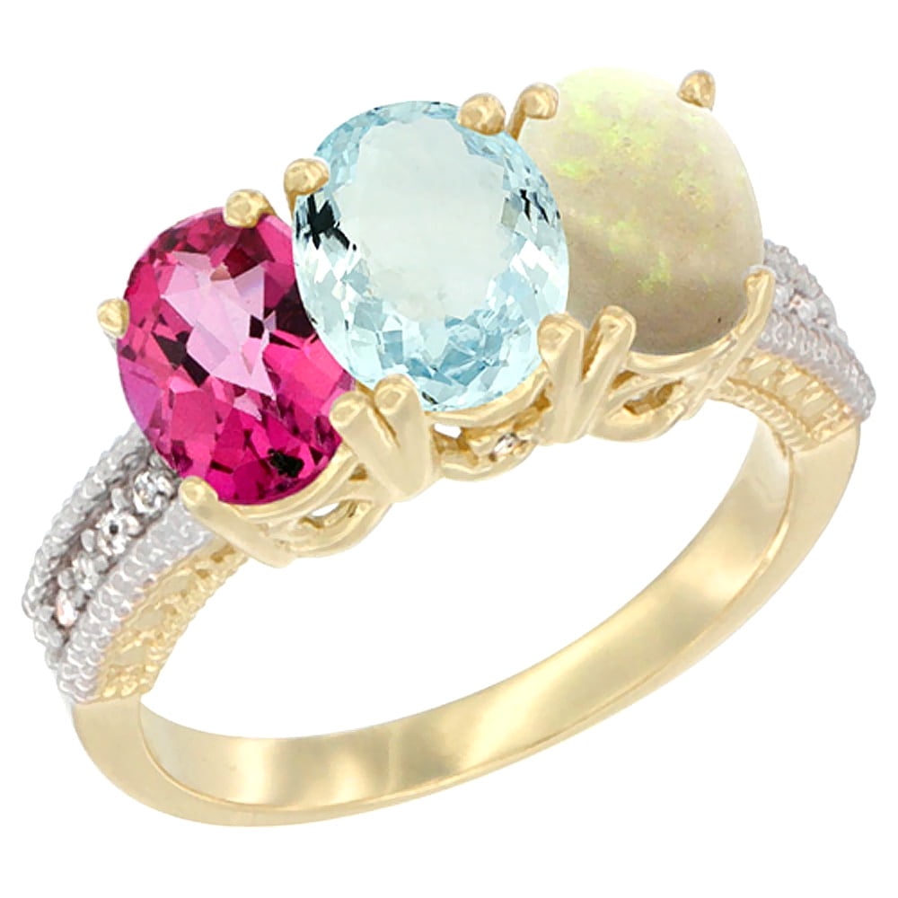 14K Yellow Gold Natural Pink Topaz, Aquamarine & Opal Ring 3-Stone 7x5 mm Oval Diamond Accent, sizes 5 10 by WorldJewels