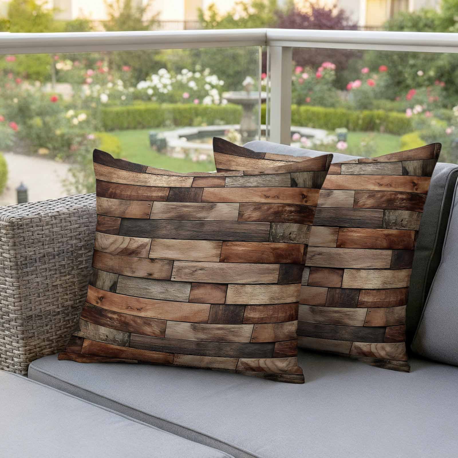 Brown Wood Grain Pillow Covers 2 Pack Farmhouse Vintage Wooden Board Patchwork Pillowcase Waterproof Outdoor Throw Pillow Cover for Patio Garden Square Cushion 18”x18”