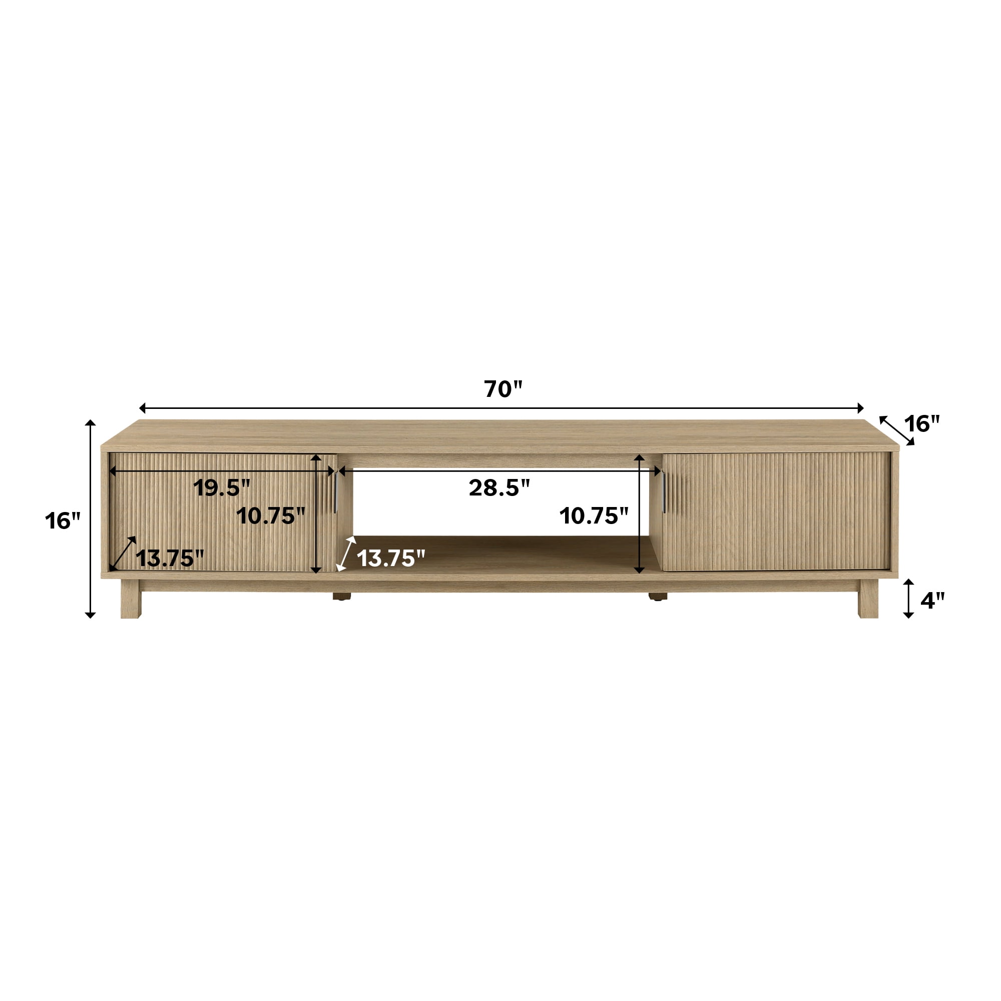 Walker Edison Mid-Century Modern Reeded 2-Door TV Stand for TVs up to 80”, Coastal Oak