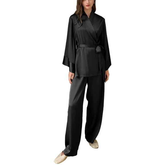 SWSMCLT Women's Satin Pajamas Set Comfy Luxury Sleeping Pjs 2 Piece Soft V Neck Fall Spring Long Sleeve Lounge Black Large