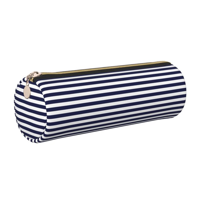 Easygdp Navy Blue And White Stripes para Estuche de Lápices Cilíndrico de Cuero con Cremallera, Organizador de Lápices de Cuero para Escuela, Oficina y Viajes
