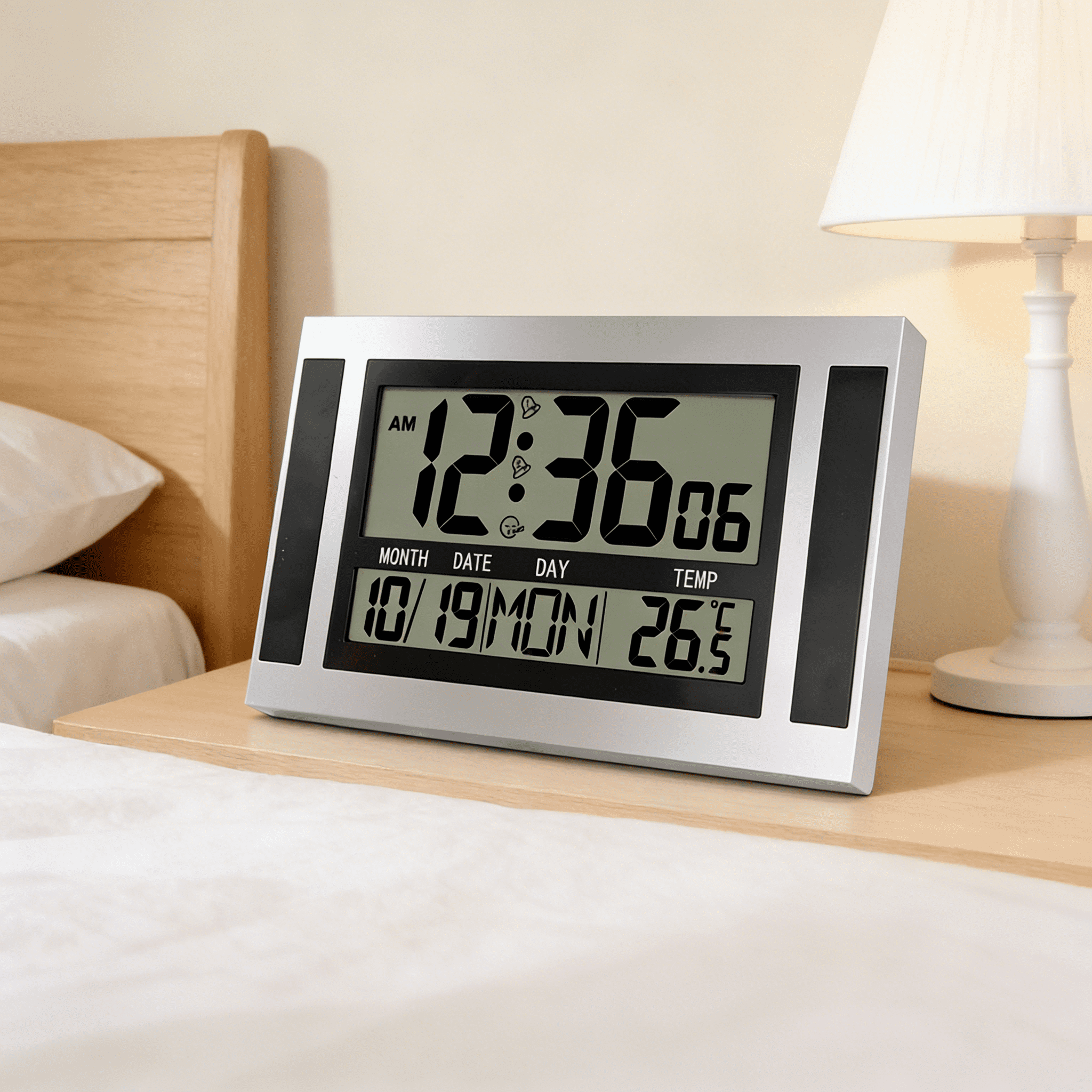 DESIGNICE 2026 New Digital Wall Clock Lcd Large Number Time Temperature Calendar Alarm Table Desk Modern Design Office Home,Large Digital Wall Clock ,Silver