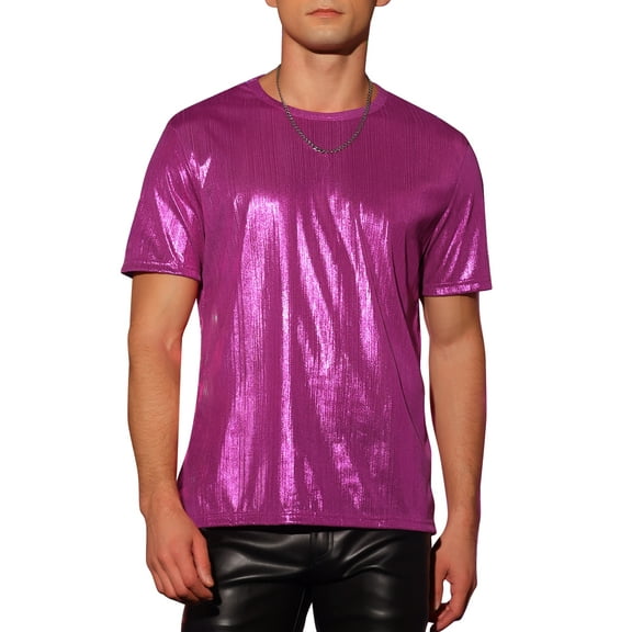 Lars Amadeus Shiny Shirts for Men's Crew Neck Short Sleeves Tops Metallic Party T-Shirts