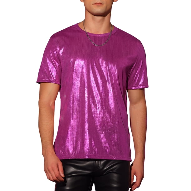 Camisetas brillantes Inspire Chic para hombres, cuello redondo, de manga corta, metálicas, para fiestas, color rojo rosa, talla 2XL