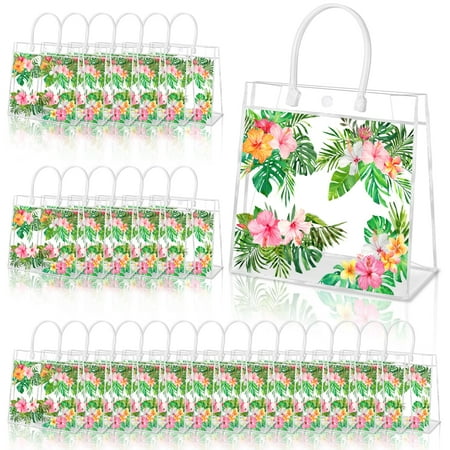 HYMENEX 24 Pcs PresNok Hawaiian Gift Bags, Aloha Clear PVC Gift Bag with Handles Luau Goodie Treat Candy Bags for Summer Tropical Aloha Festival Hawaiian Holiday Party Supplies Favor
