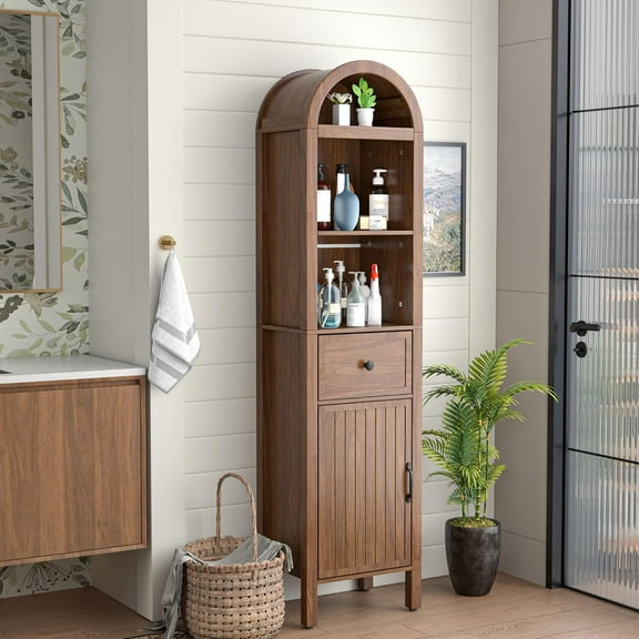 64" Tall Bathroom Storage Cabinet with Adjustable Shelves,Tall Narrow Arched Freestanding Tower Cabinet with Fluted Doors and Drawers,Space Saving Organizer for Bathroom Living Room (Walnut)