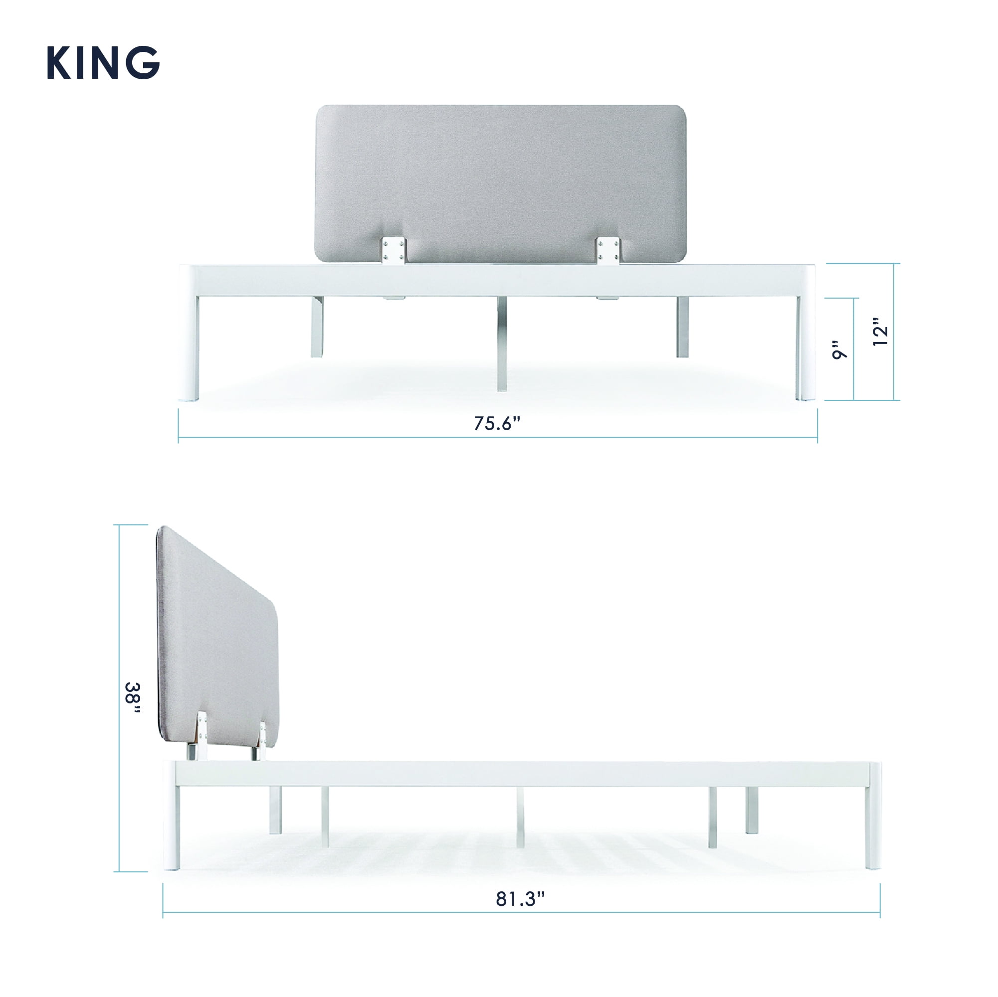 Mellow Kert Metal Platform Bed with Fabric Headboard and Rounded Legs, Oak Grey, King