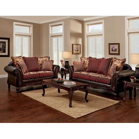 Traditional Burgundy & Brown Chenille Sofa and Loveseat FOA Ellis