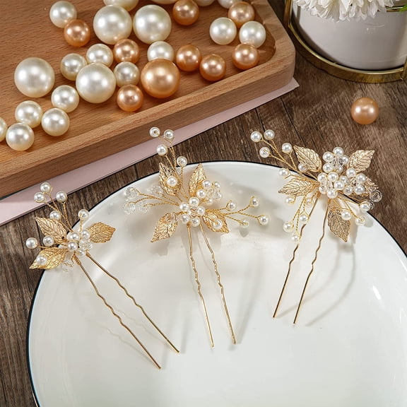 3PCS Pearl Bridal Wedding Hair Styling Pins, Leaves Style Bride Head Piece, U Shape Rhinestone Flower Hair Accessories for Women & Girls Wedding Hairstyles