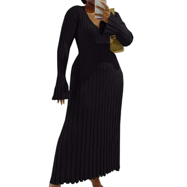 Bellella Pull-Over pour Femmes Robe Pull à Manches Longues Maxi Épaisse Femmes Noir 2TG
