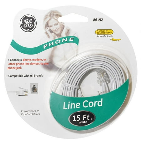 GE 86192 High Quality White Fax Answering Machines Caller ID Telephone Line Cord Connector Cable Heavy Duty Lifetime Warranty 4 Conductor - 15 Feet/ 4.6m Retail Pack