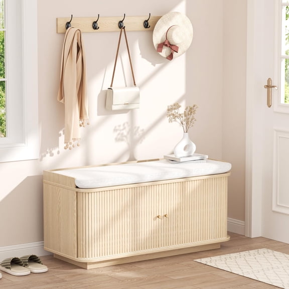 Oak Entryway Bench with Cushioned Seat and Cabinet Storage