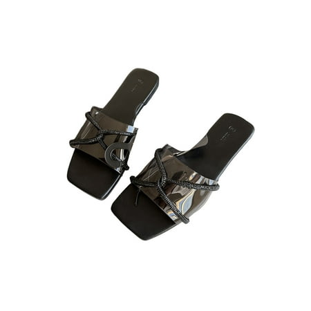 

Daeful Ladies Sandal Beach Flat Sandals Casual Slides Clear Strap Square Toe Slide Slippers Women s Stylish Shoes Black 7.5