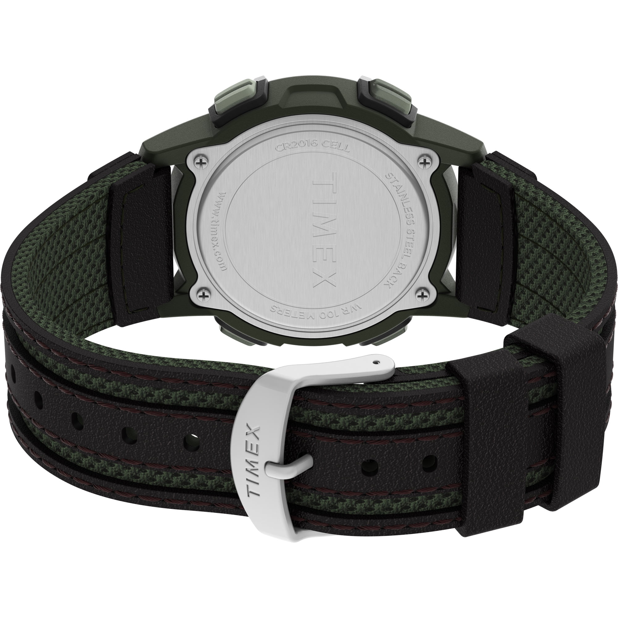 Timex Men's Expedition Digital CAT5 41mm Watch – Green Case Black Top Ring with Brown Leather & Green Fabric Strap