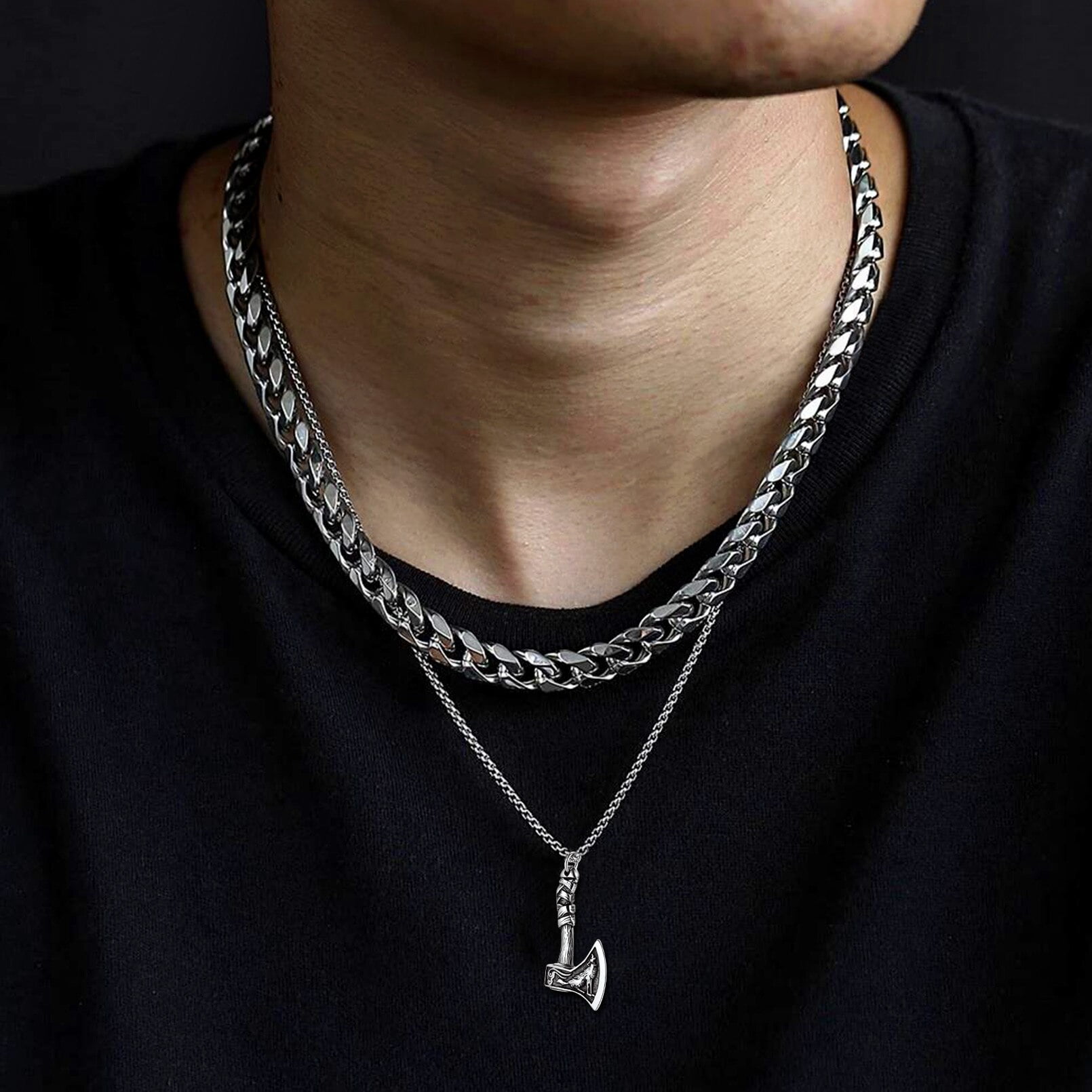 Collier Vintage Vikings Avec Pendentif Double Hache Pour Hommes, En Acier Inoxydable 316L, Classique Tête De Loup, Bijoux Nordiques, Vente En Gros  36