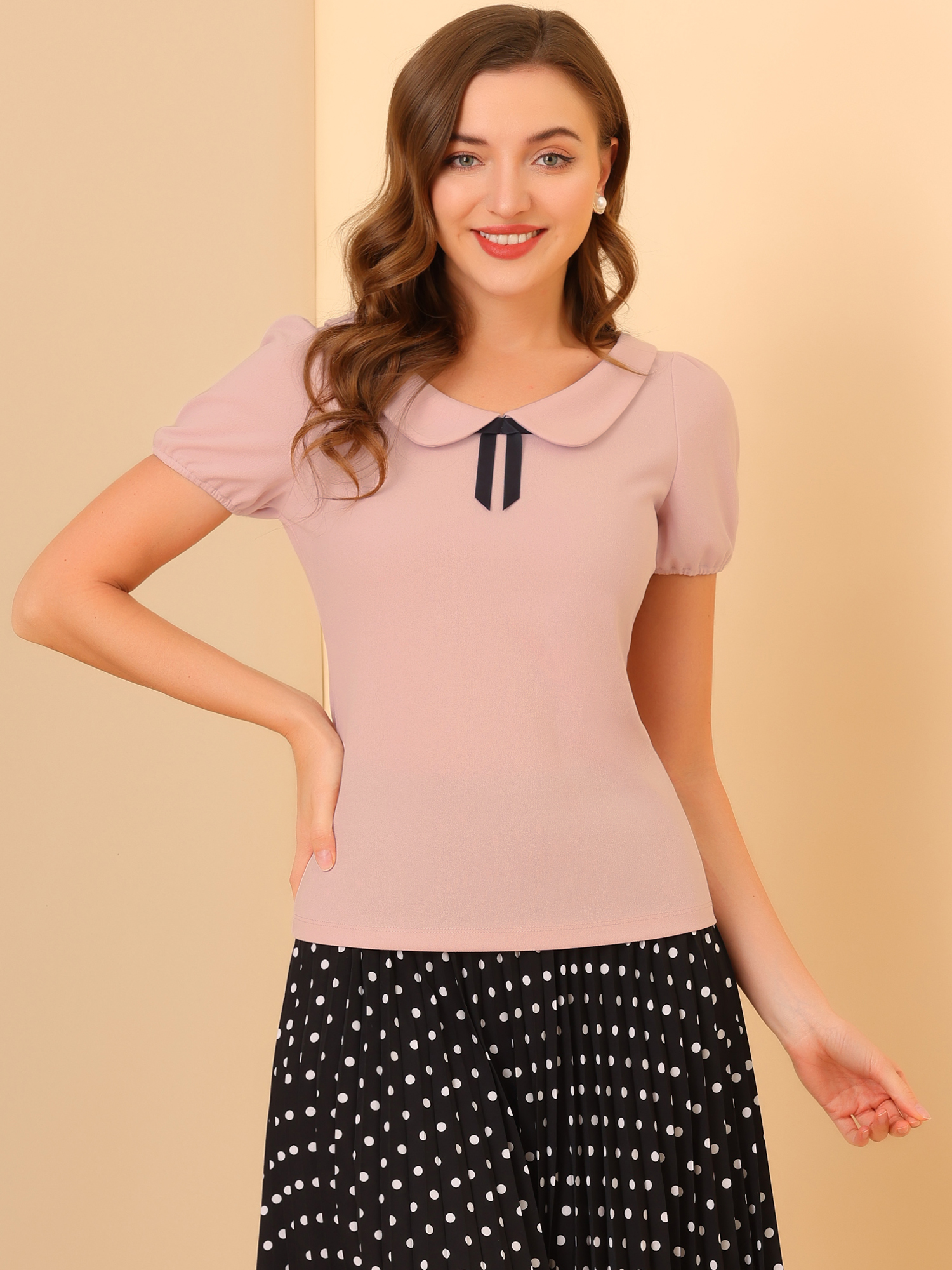 DARING DIVA Flat Collar Elastic Cuff Bow Decor Blouse M Pink