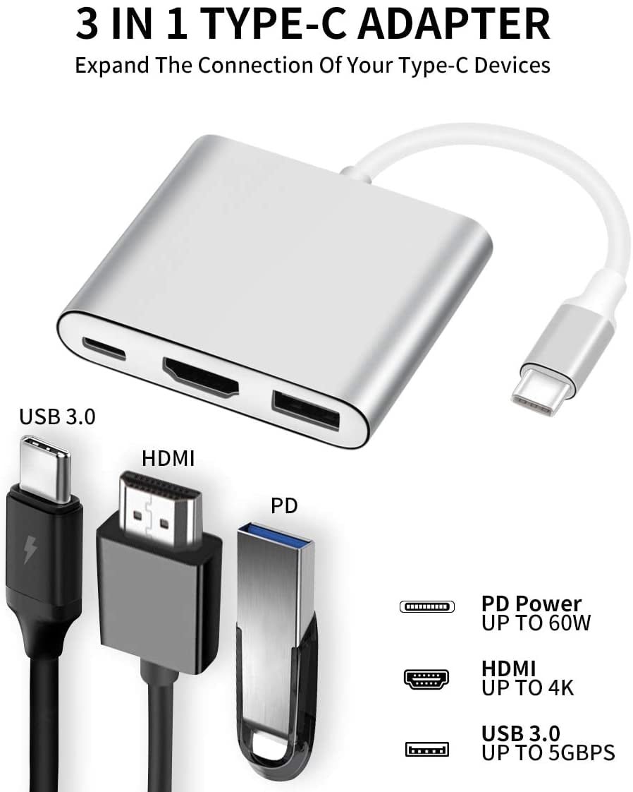 USB C to HDMI Multiport Adapter,HDMI 4K 60HZ Video Converter/USB 3.0 Hub Port PD Quick Charging Port 