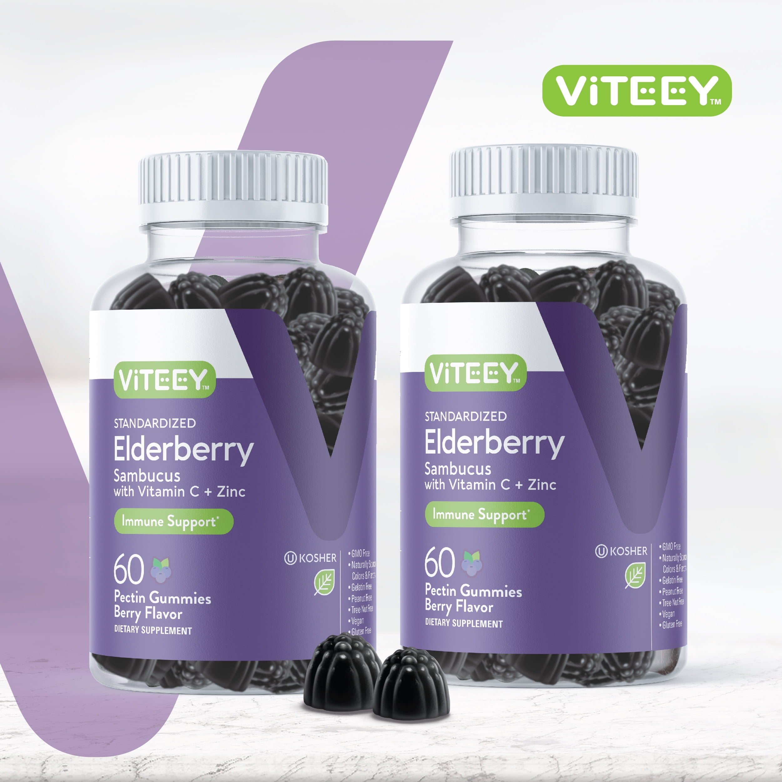 VITEEY Elderberry Gummies with Vitamin C and Zinc, Immune Support, Berry Flavor, 60 Count, 2 Pack