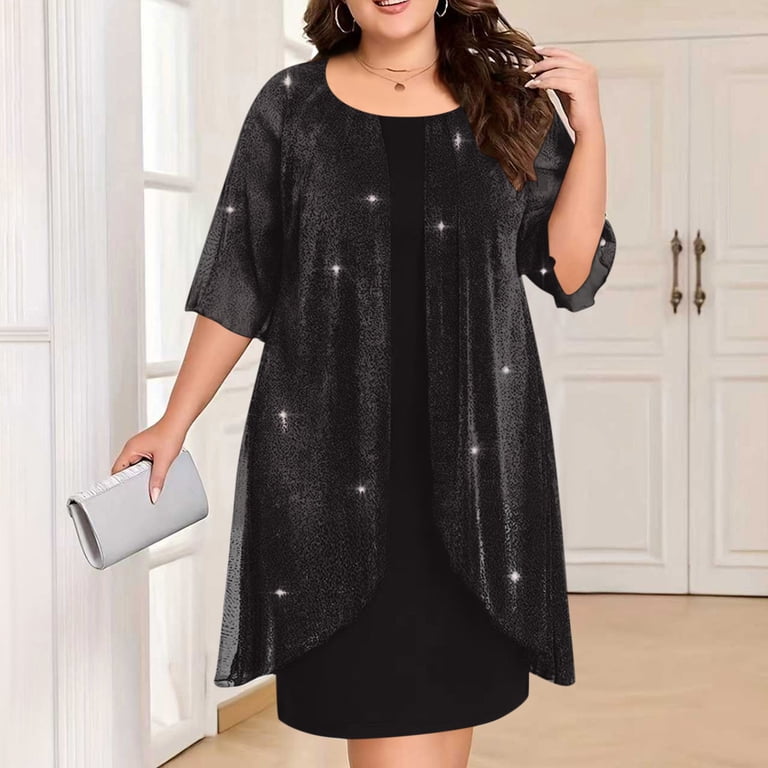 loose party dresses LIaqionyy Women's Sparkly Dresses 3/4 Sleeve Loose Wedding Party Dress  Crewneck Plus Size Elegant Clothes S-5XL