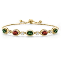 Gem Stone King 18K Yellow Gold Plated Silver Emerald Envy Mystic Topaz and Red Garnet Bracelet for Women | 4.14 Cttw | Gemstone November Birthstone | Oval 7X5MM | Fully Adjustable 9 inch